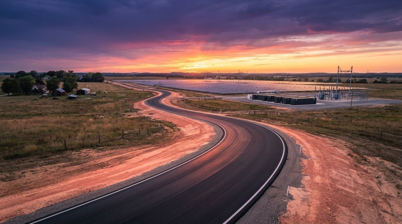 A new access road curving toward a solar array and battery storage yard at sunset