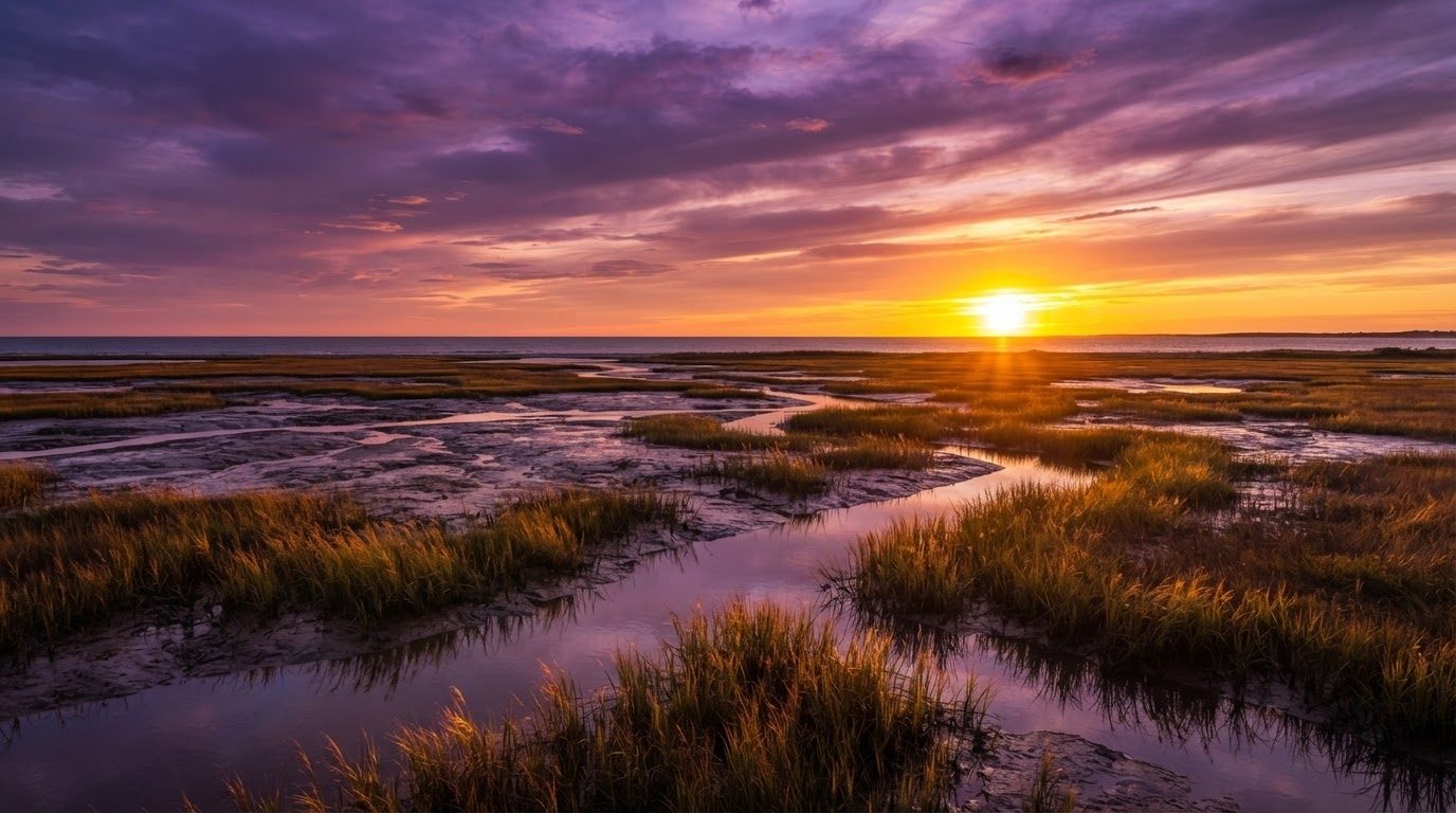 Tidal marsh channels catching the last of a golden sunset