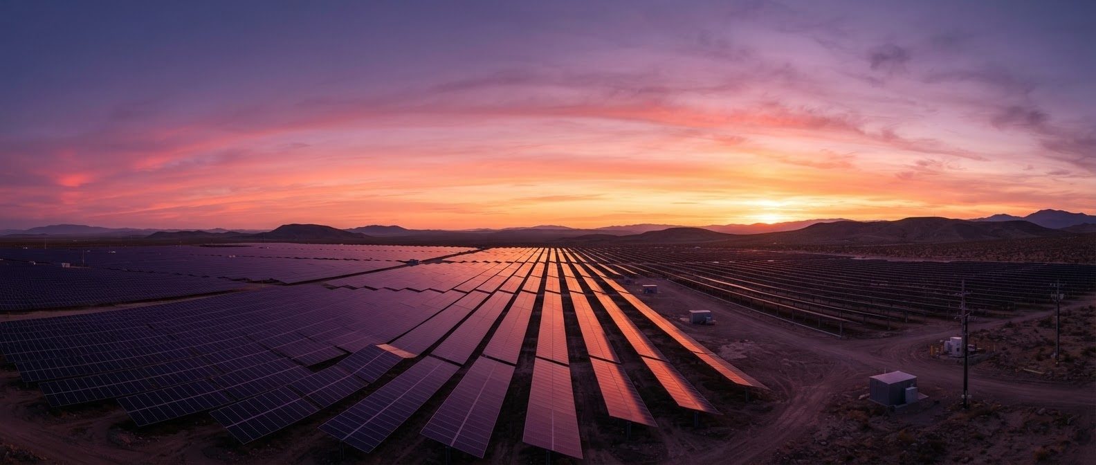 Utility-scale solar array stretching to the horizon at sunset