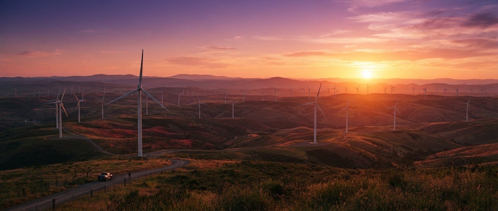 Wind turbines across rolling hills at sunset
