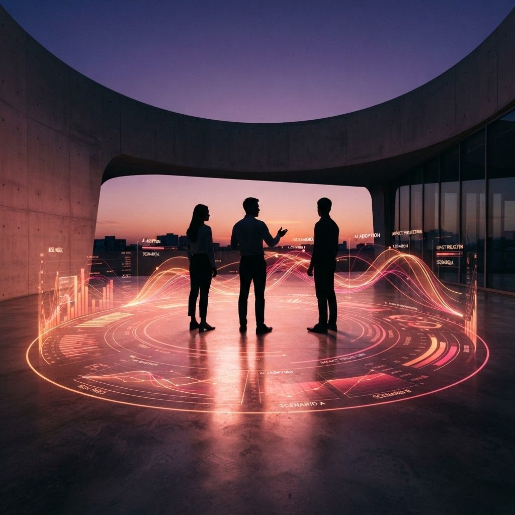 Analysts reviewing projected scenario data in a modern space at dusk