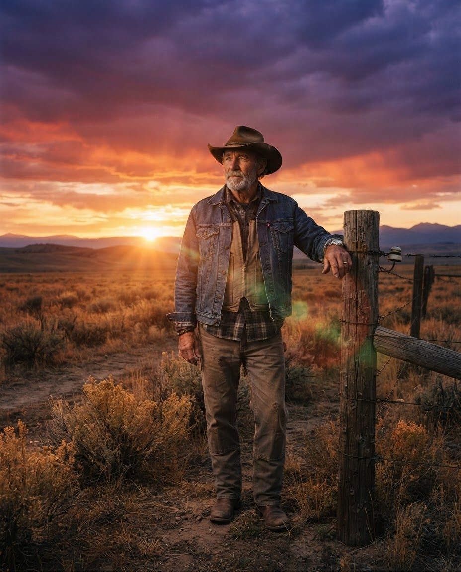 A rancher standing at a fence line in open country at sunset