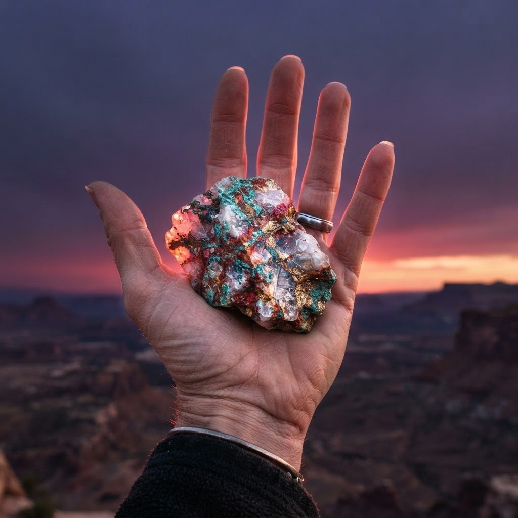 A hand holding a rough mineral specimen above a canyon at dusk