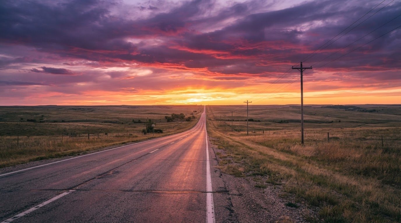 An empty road running to the horizon under a burning sunset