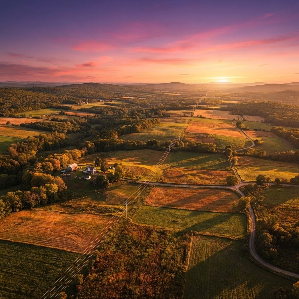 Aerial view of farmland with a transmission line running through it at sunset