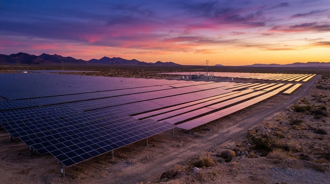 Rows of solar panels catching low sun in the desert