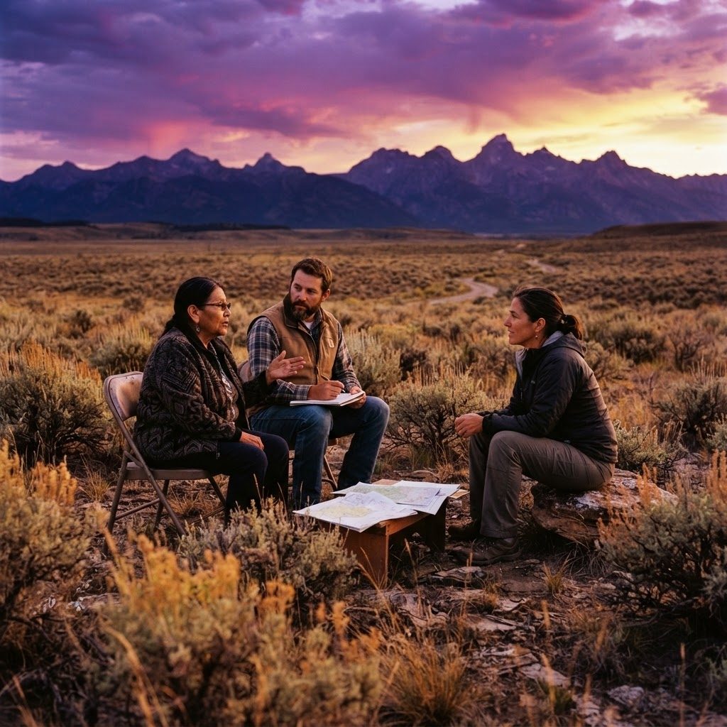 Three people meeting on open sagebrush land with maps spread on a table at sunset