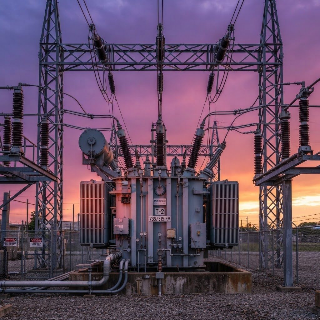 A high-voltage substation transformer against a violet and orange sunset