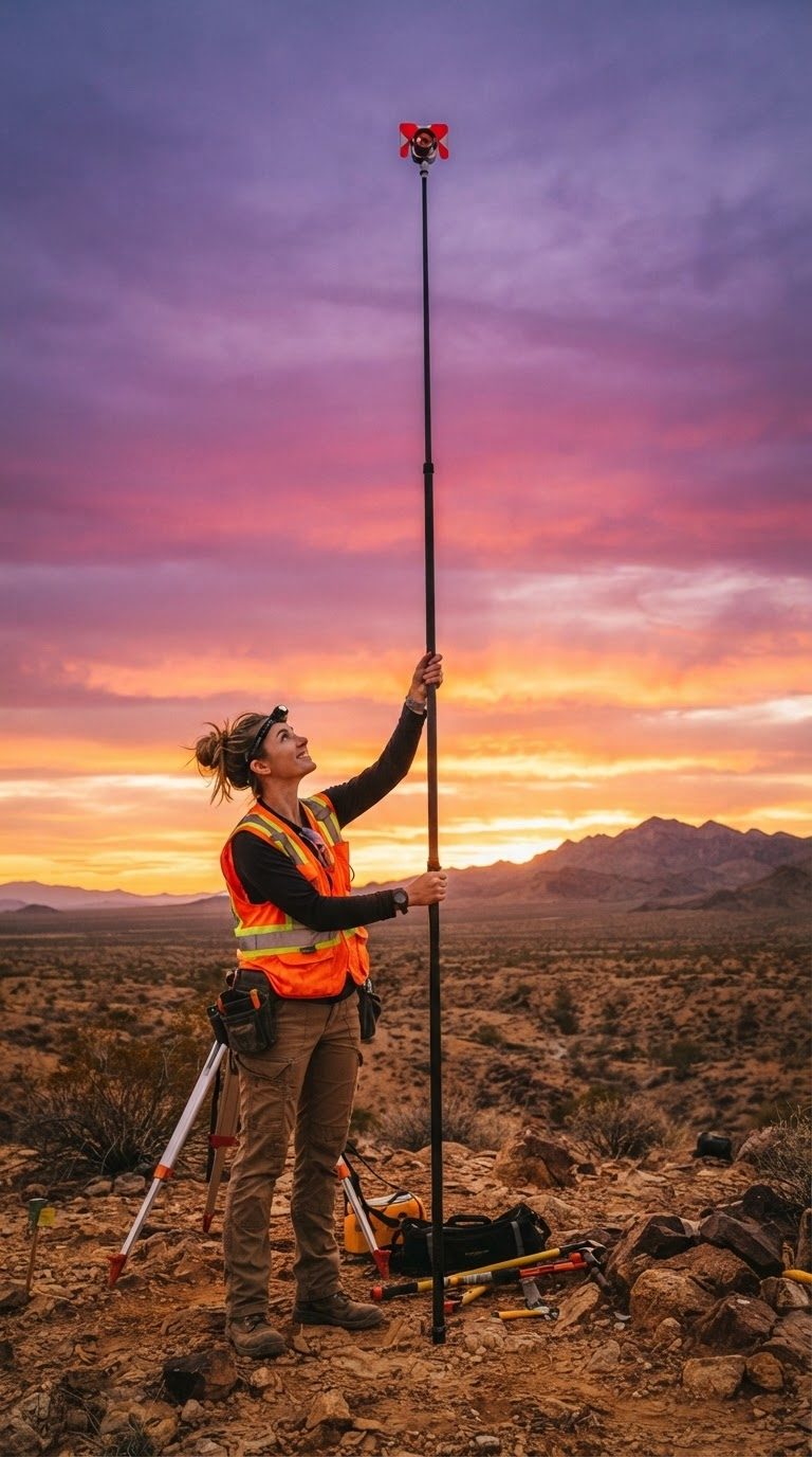 A surveyor holding a prism pole against a violet desert sunset