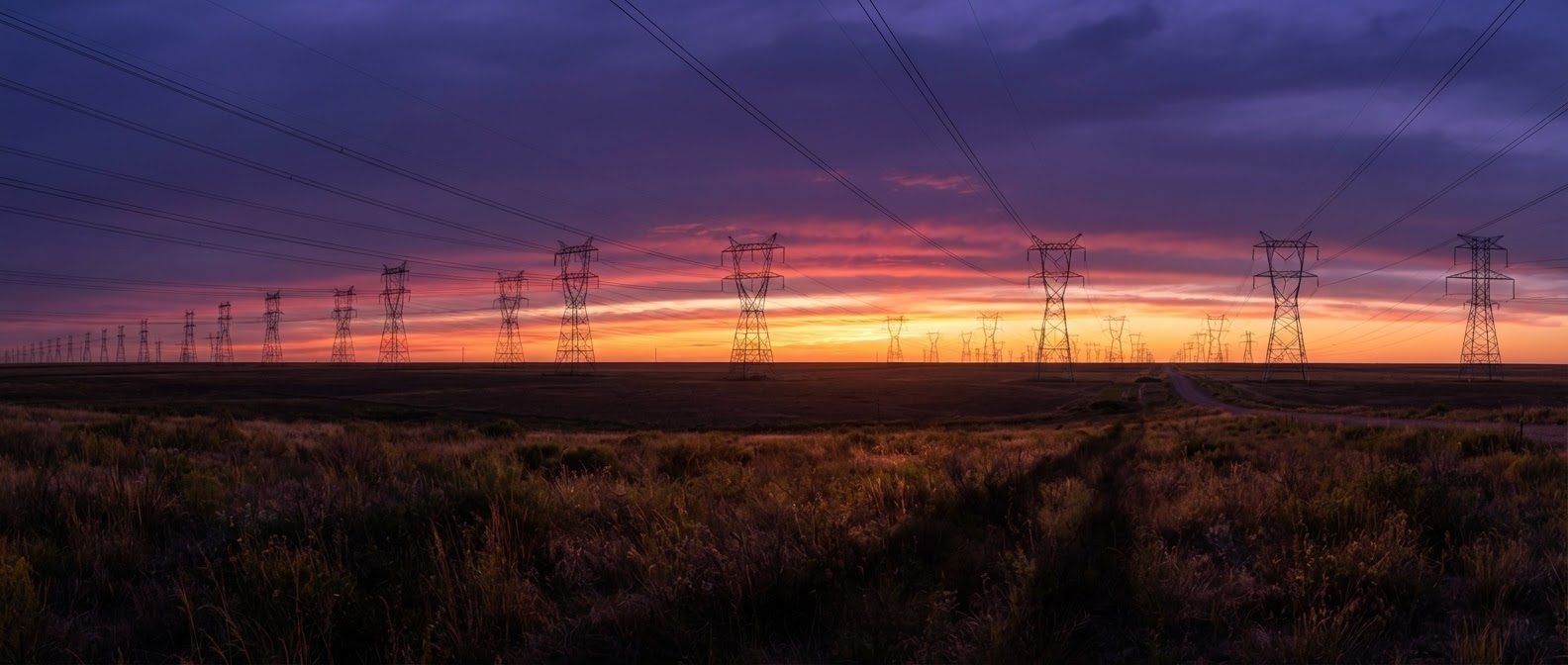 Transmission towers marching across open prairie at sunset